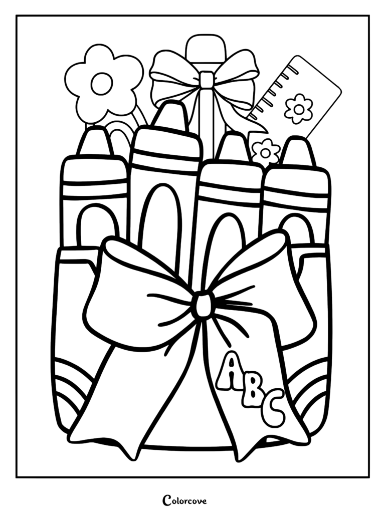 A back to school coloring page featuring a bundle of crayons tied with a large bow labeled ABC, accompanied by a flower and a ruler.