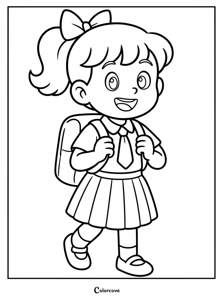 A happy schoolgirl with a ponytail and bow wearing a uniform and backpack in this printable coloring page.