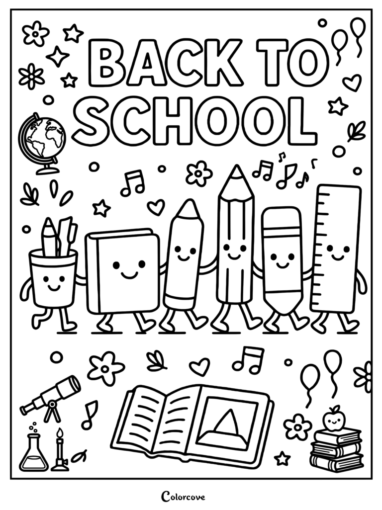 Kawaii school supplies holding hands coloring page featuring a pencil cup, book, crayon, pencil, eraser, and ruler under Back to School text.