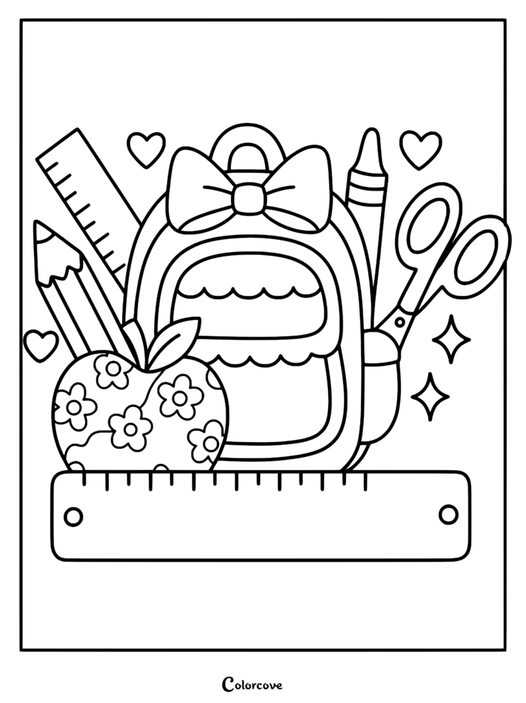 A coloring page featuring a backpack with a bow, a flower-patterned apple, a ruler, pencil, and scissors.