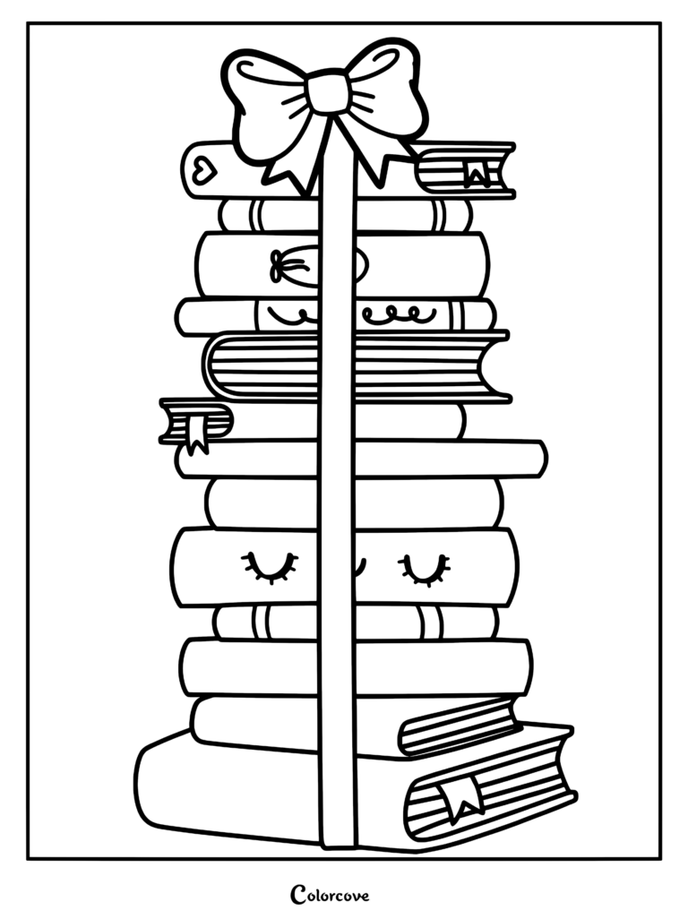 A tall stack of books tied together with a large ribbon bow, featuring a book with a sleepy face, presented as a printable coloring page.