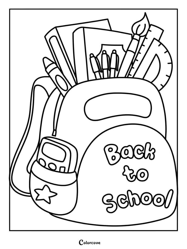 Back to school backpack coloring page featuring a bag filled with books, pens, a paintbrush, and a protractor with a star on the front pocket.
