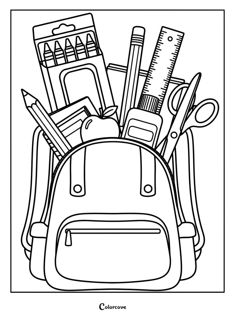 A school backpack filled with crayons, a pencil, a ruler, scissors, and an apple in this detailed coloring page.