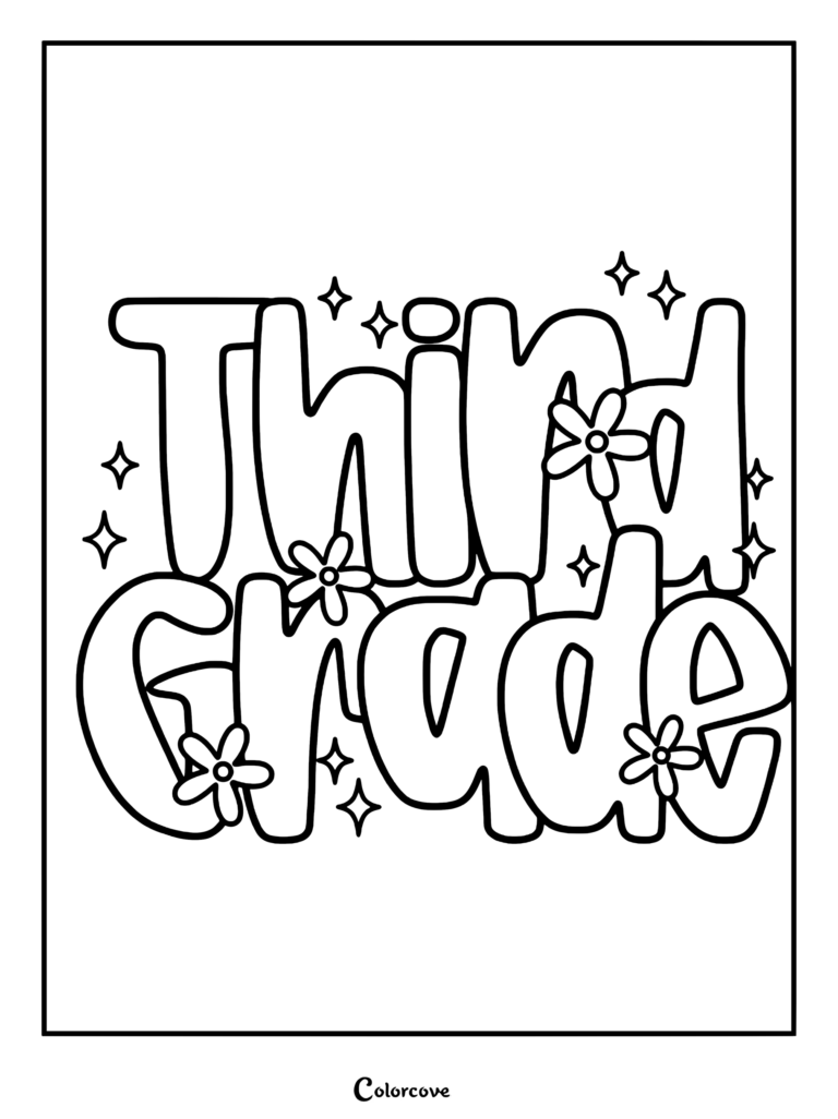A printable coloring page featuring the words Third Grade in a bubbly retro font decorated with small flowers and sparkling stars.