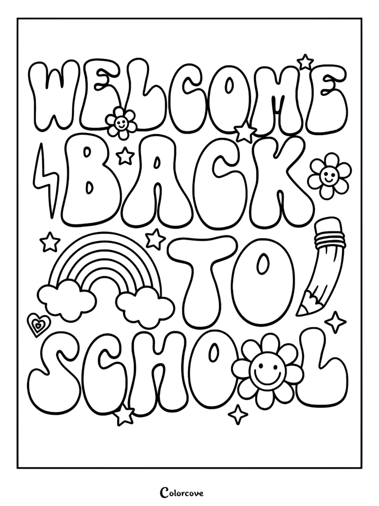 Retro style Welcome Back To School lettering coloring page featuring a rainbow, pencil, lightning bolt, and smiley face flowers.