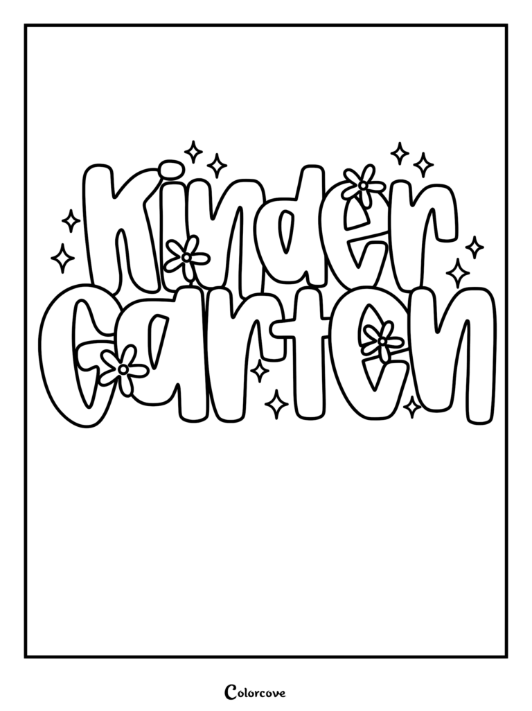Kindergarten word art coloring page featuring groovy bubble letters decorated with small daisies and sparkling star accents.