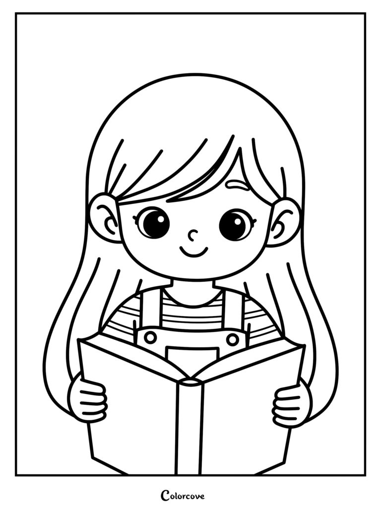 A cute girl with long hair wearing striped shirt and overalls reading a book, line art coloring page.