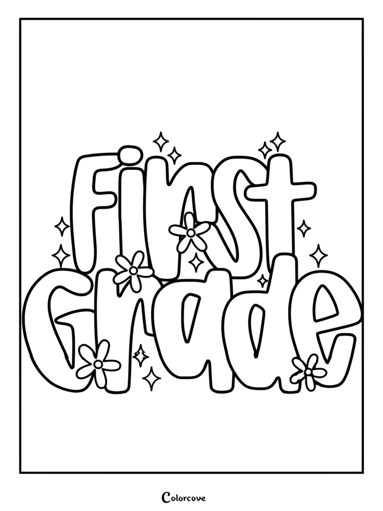 First Grade text in a bubbly, groovy font decorated with small flowers and sparkling star accents on a coloring page.
