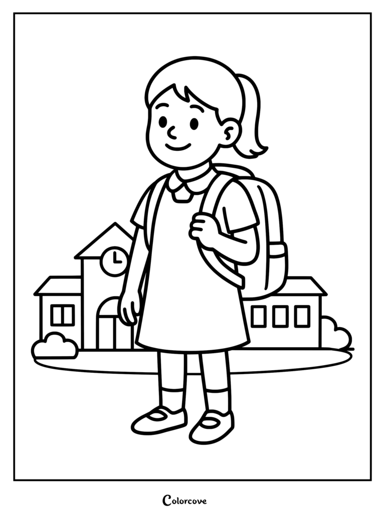 A young girl with a ponytail wearing a school uniform and backpack standing in front of a school building coloring page.