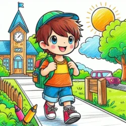 Child walking to school with backpack under sunny sky, surrounded by trees and colorful pencils. Perfect for a coloring page.