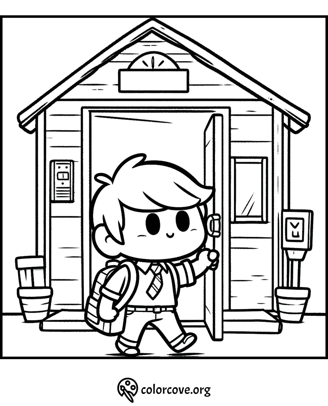 Coloring page of a happy child with a backpack entering a house. Suitable for kids' school-themed activities.