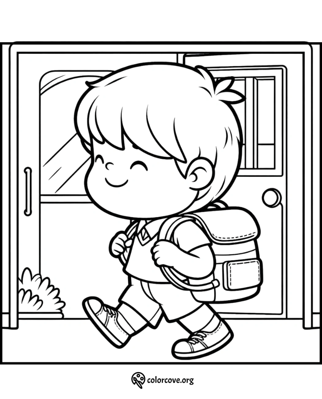 Child with backpack happily going to school coloring page - perfect for kids' creativity and fun learning activities.