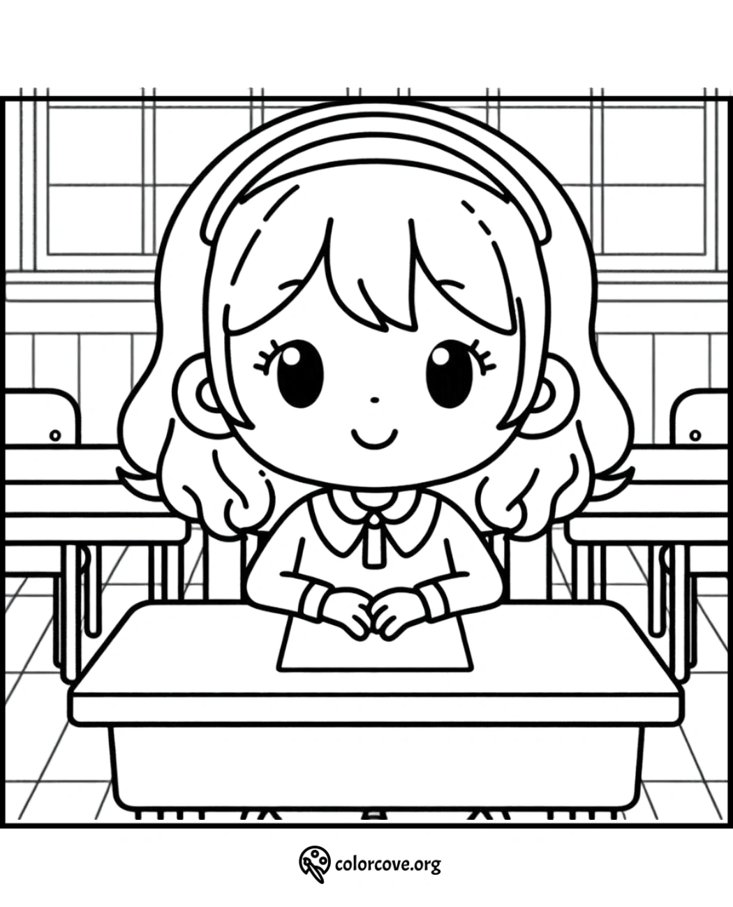 Cute girl sitting at school desk coloring page, perfect for kids' creativity and educational fun.