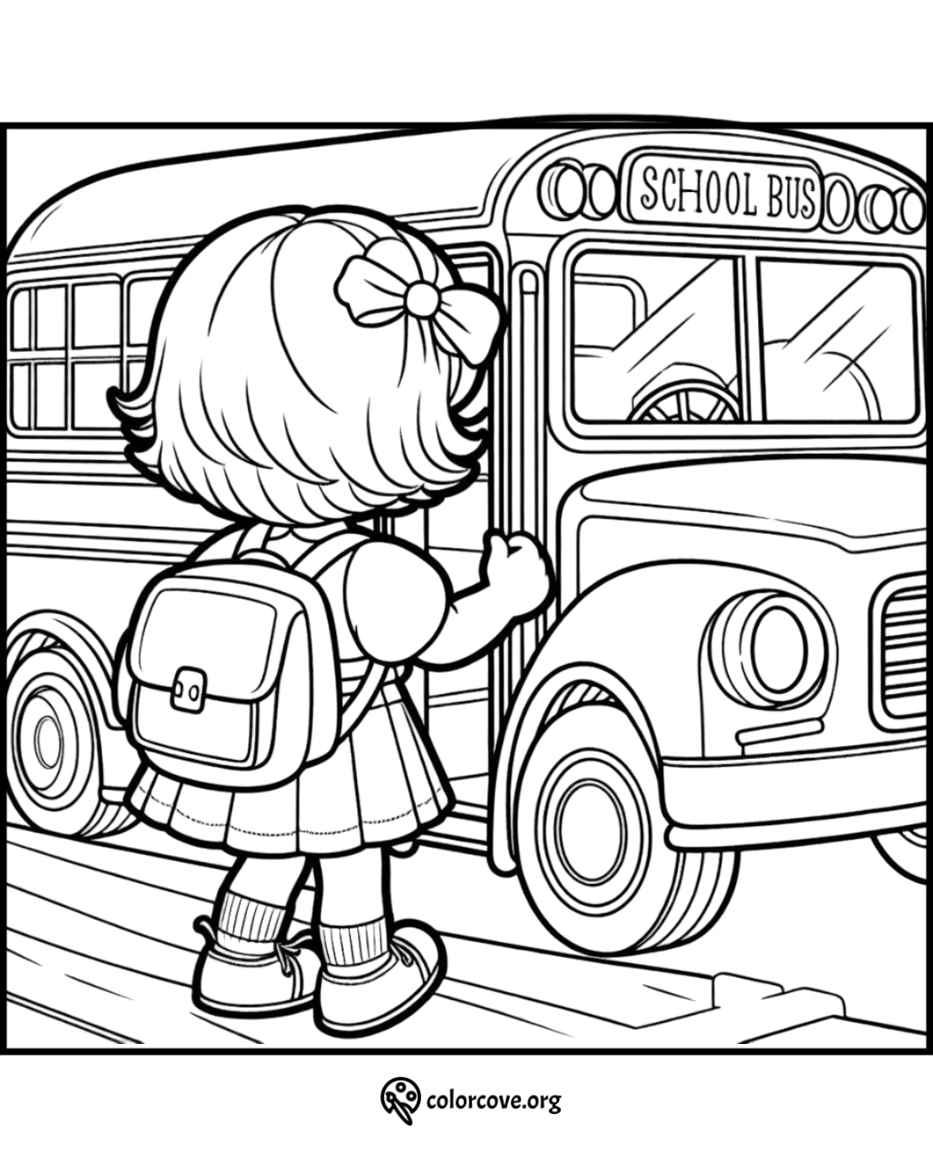 Child with backpack boarding a school bus coloring page.