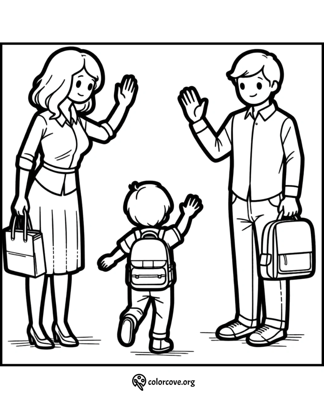 Family waving goodbye on a coloring page, featuring parents and child with a backpack, perfect for kids to color.