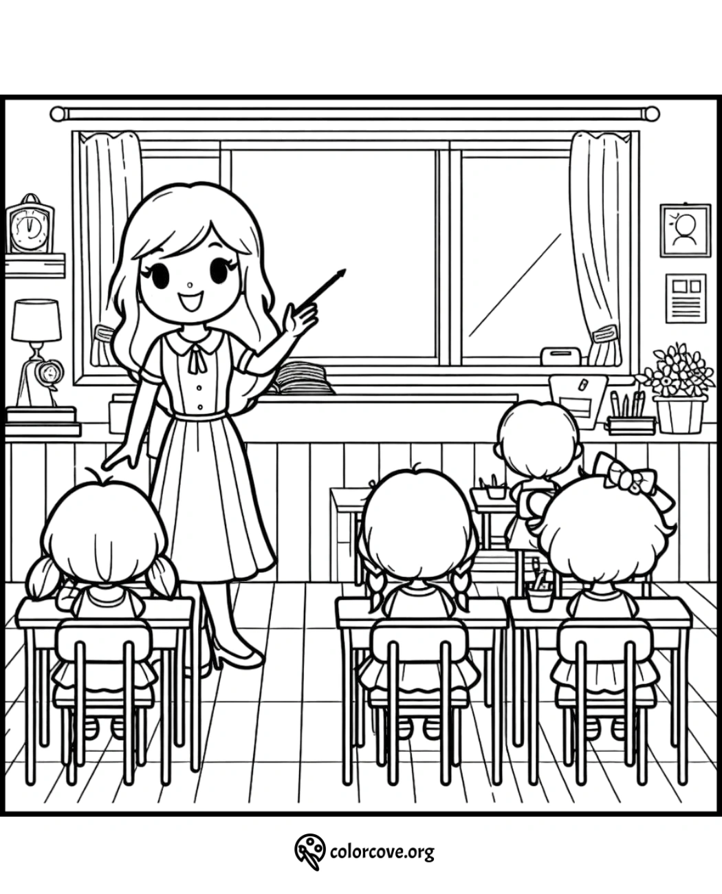 Teacher coloring page with children in a classroom, perfect for kids' educational activities and art projects.