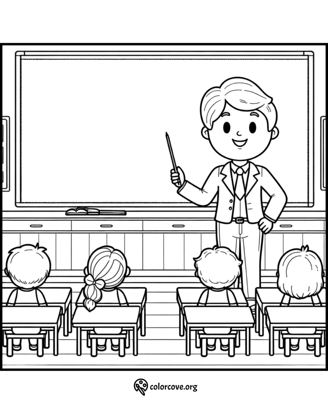 Teacher with students in a classroom coloring page, featuring a blank chalkboard and seated children attentive to lesson.