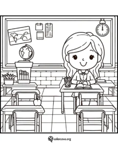 Cute classroom coloring page with a teacher at a desk, blackboard, and globe. Perfect for kids' educational activities.
