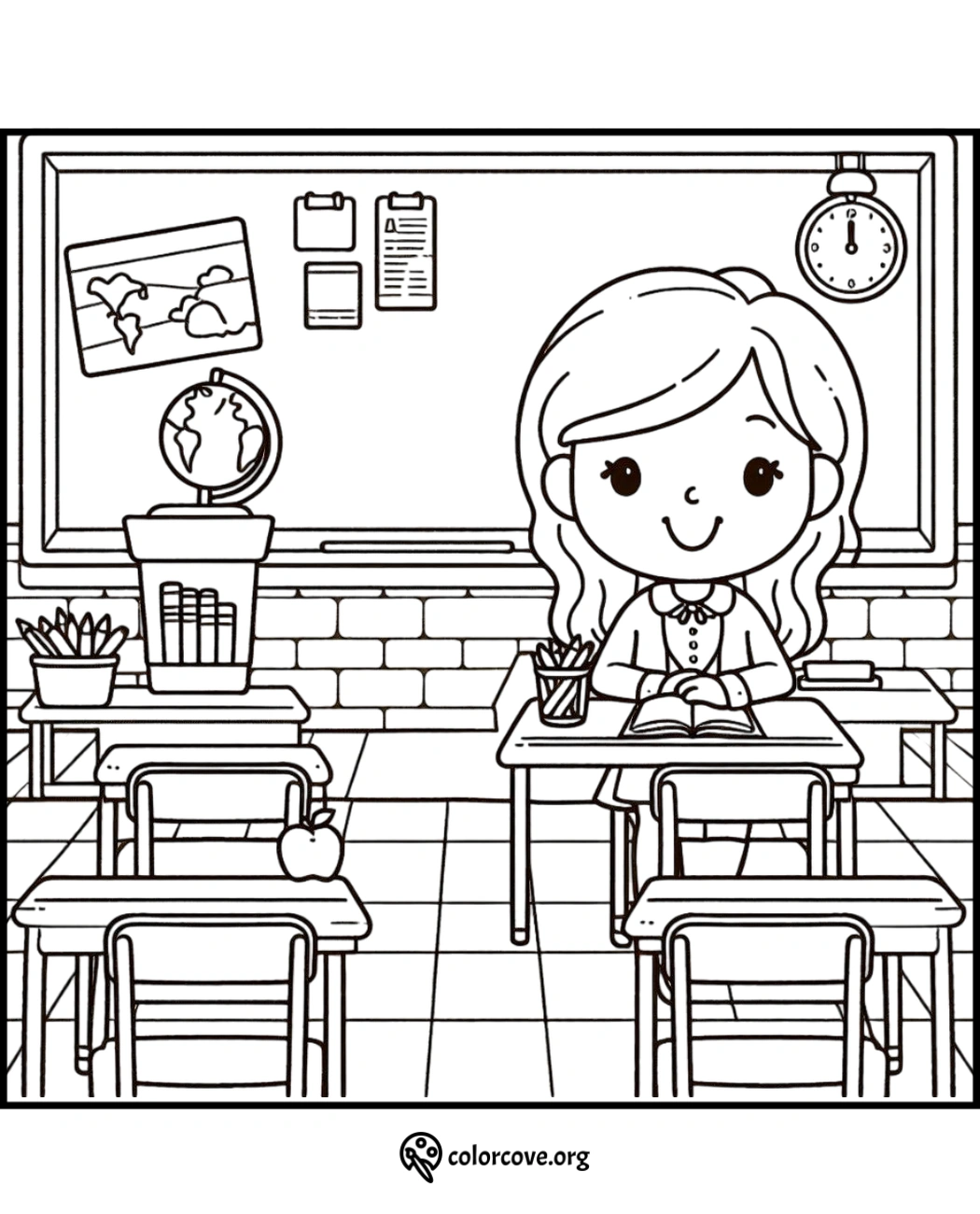 Cute classroom coloring page with a teacher at a desk, blackboard, and globe. Perfect for kids' educational activities.