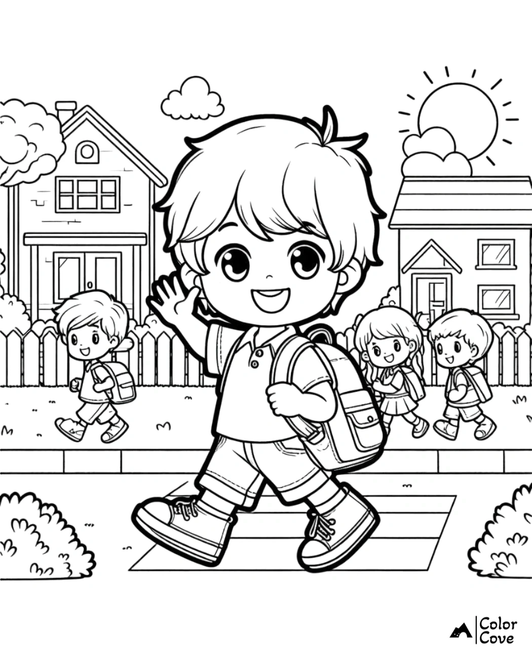 Children walking to school with backpacks, coloring page with houses, trees, and a sun in the background.