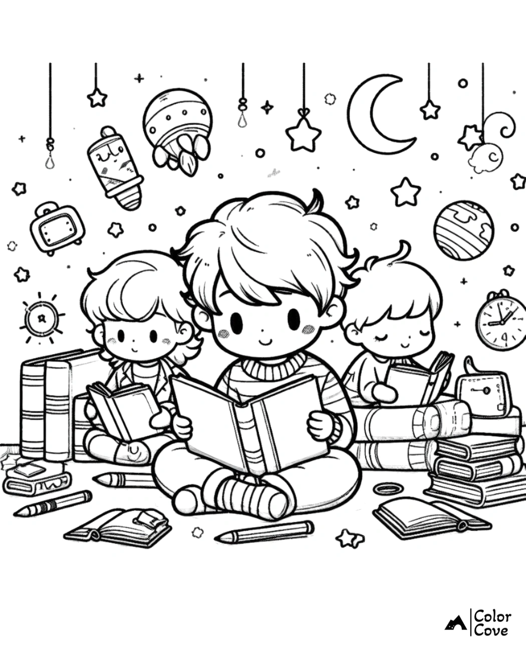 Three kids reading books under a starry sky, surrounded by crayons and floating objects. Coloring page for children.