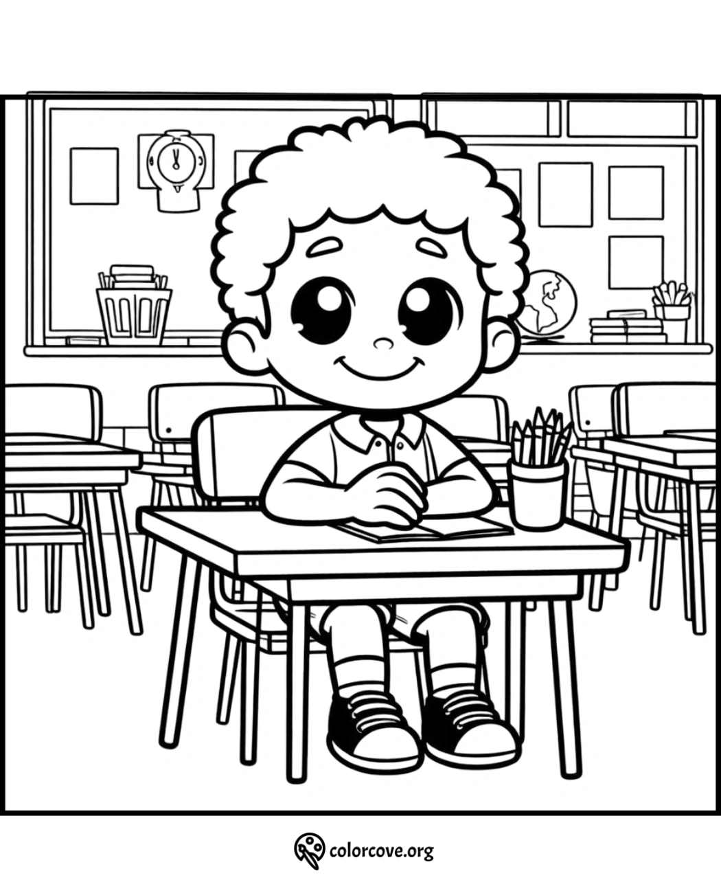 Child in classroom coloring page, boy sitting at desk with pencils and school supplies, ready for school fun.