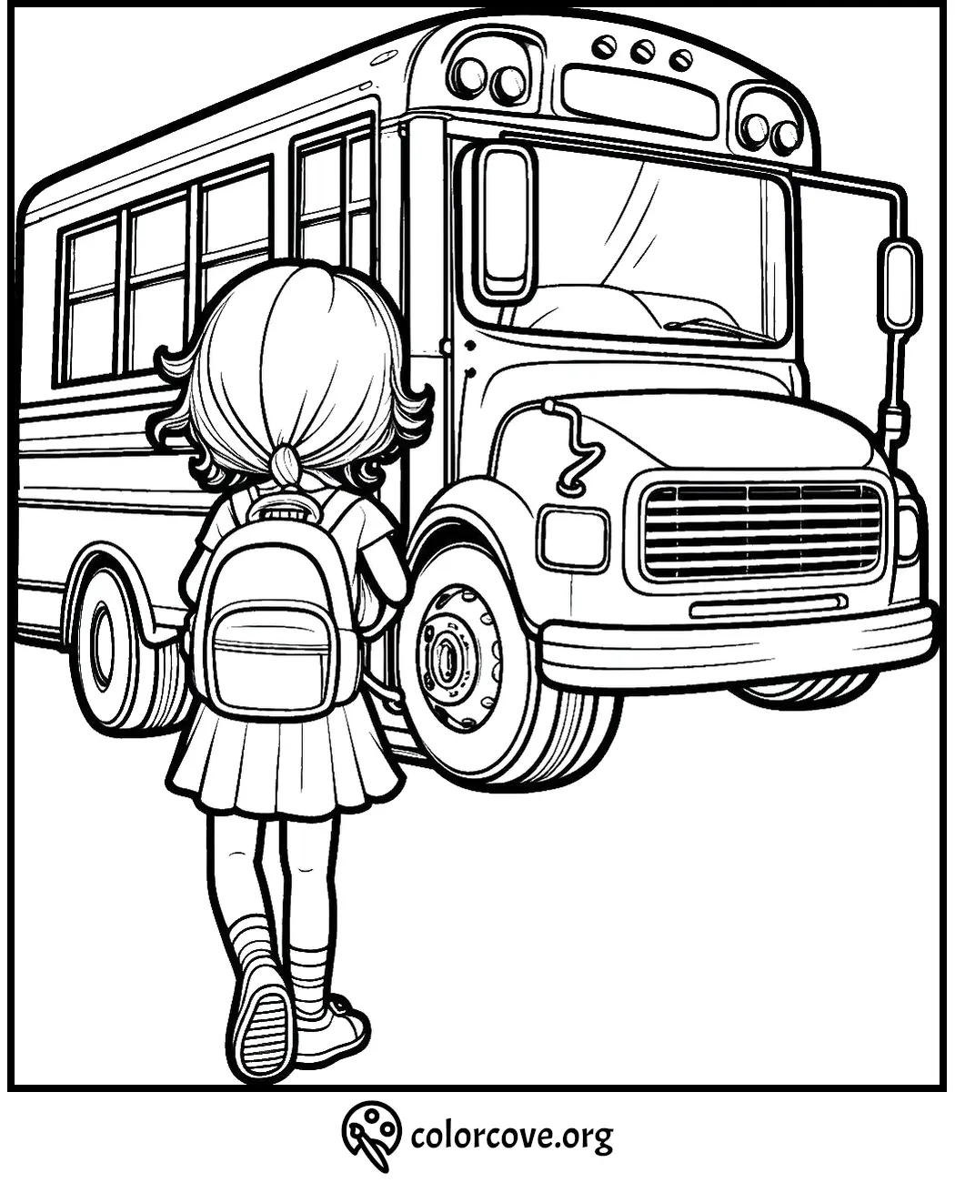 Child with backpack approaching school bus coloring page.