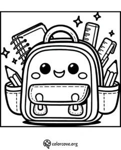 Cute backpack coloring page with smiling face, pencils, notebook, and stars. Great for kids' creative activities.
