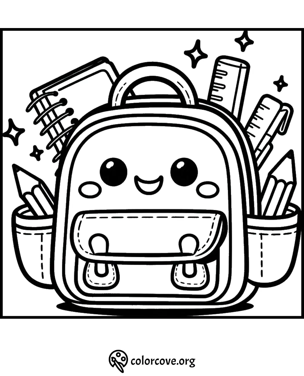 Cute backpack coloring page with smiling face, pencils, notebook, and stars. Great for kids' creative activities.