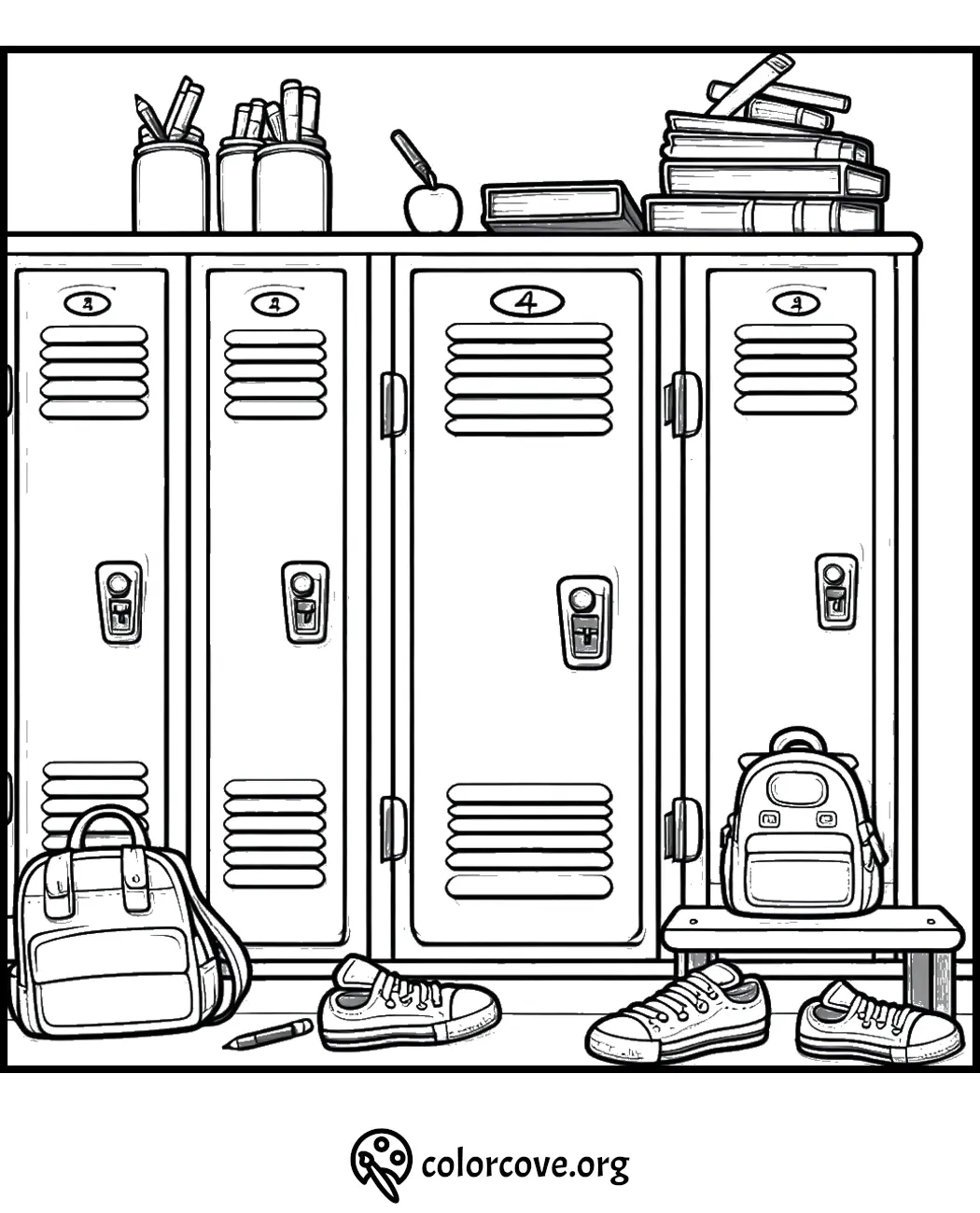 School locker coloring page with backpacks, shoes, and books. Perfect for a fun back-to-school activity.