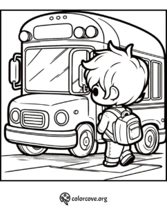 Child with backpack boarding school bus coloring page for kids. Perfect for fun educational coloring activities.