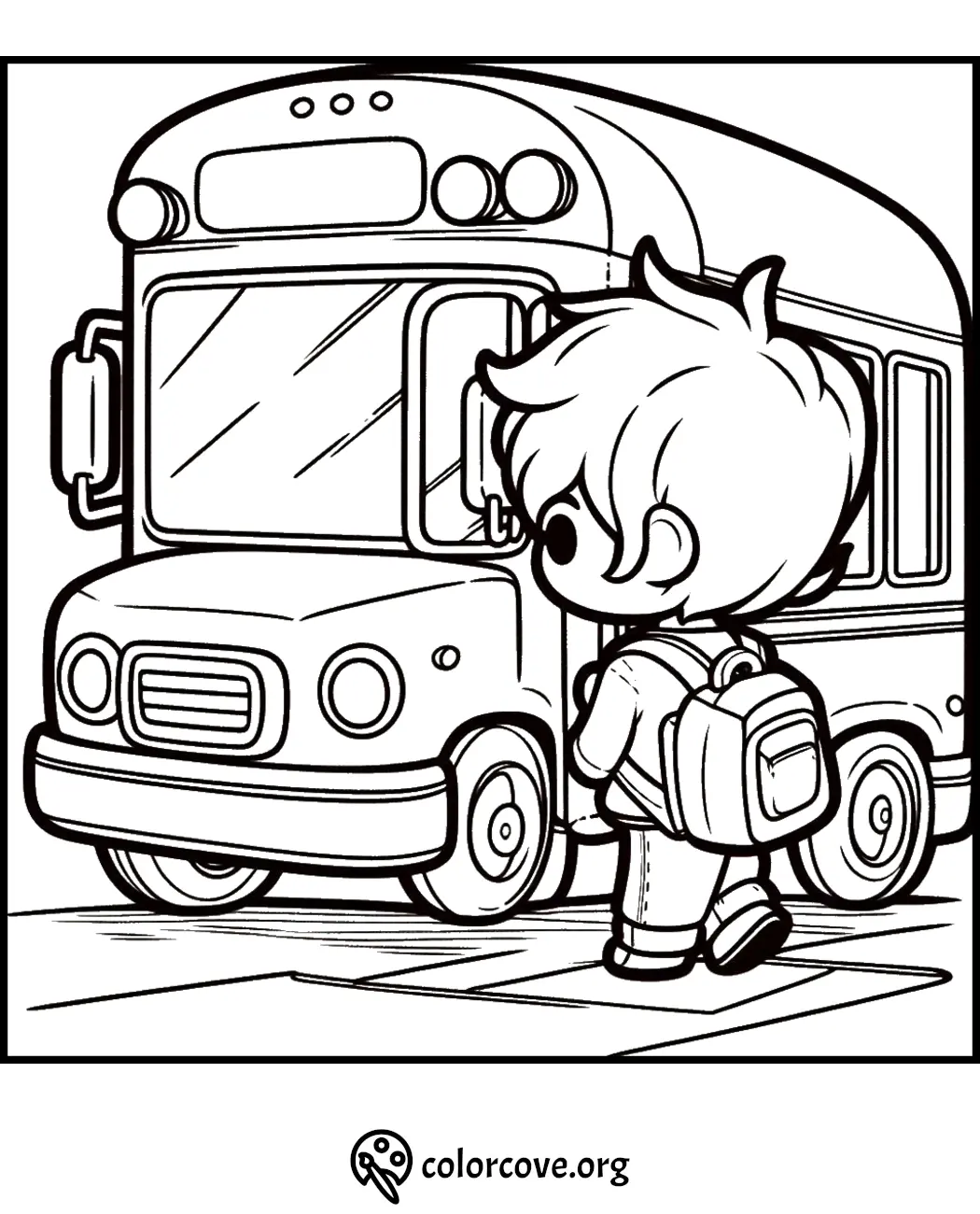 Child with backpack boarding school bus coloring page for kids. Perfect for fun educational coloring activities.