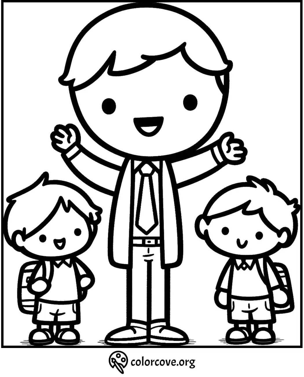 Teacher with two smiling students coloring page. Perfect for back-to-school activities and creative fun.