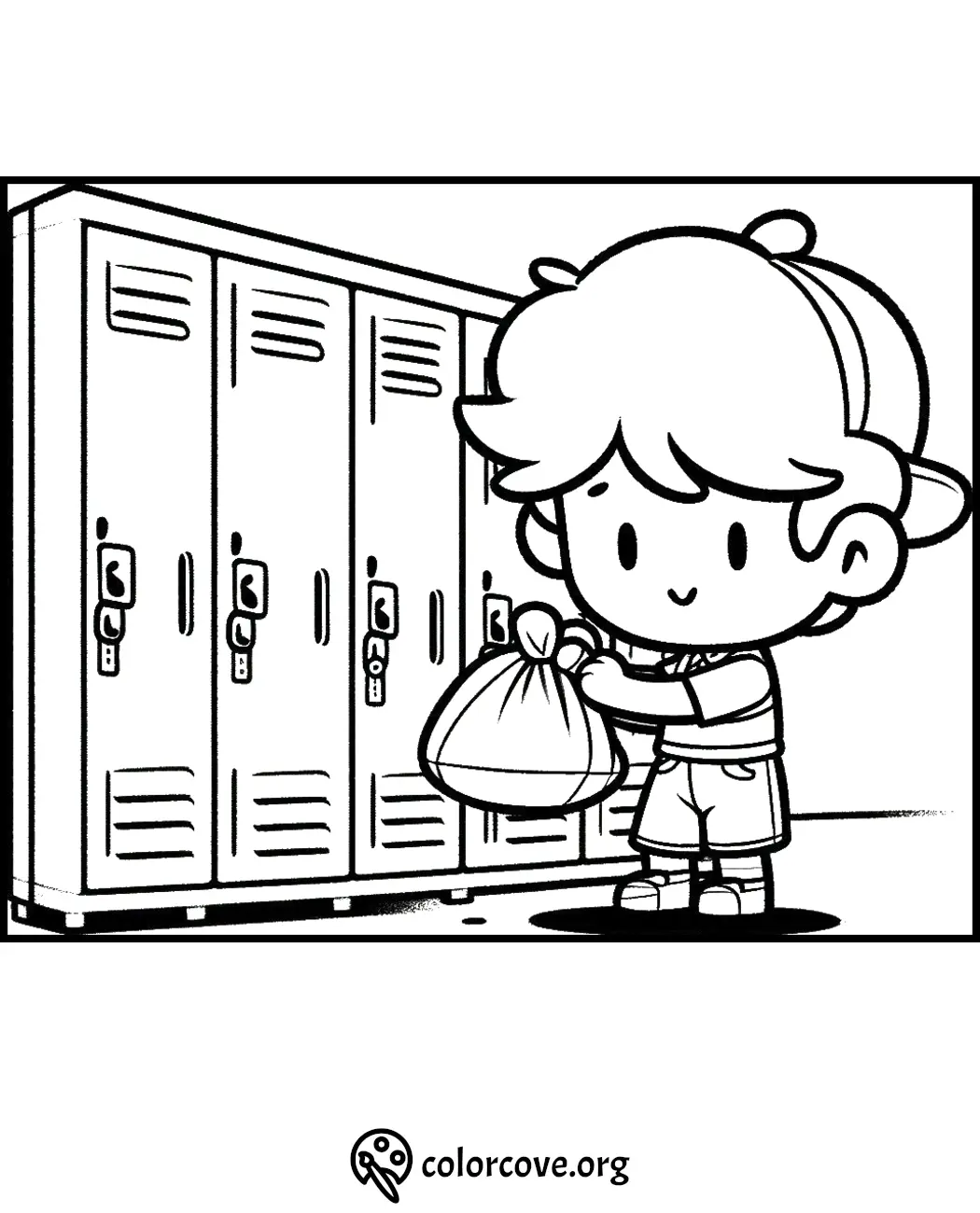 Cartoon child with a backpack standing by school lockers – coloring page for kids.