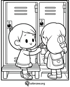 Children coloring page: two kids at school lockers with backpacks. Cute back-to-school illustration.