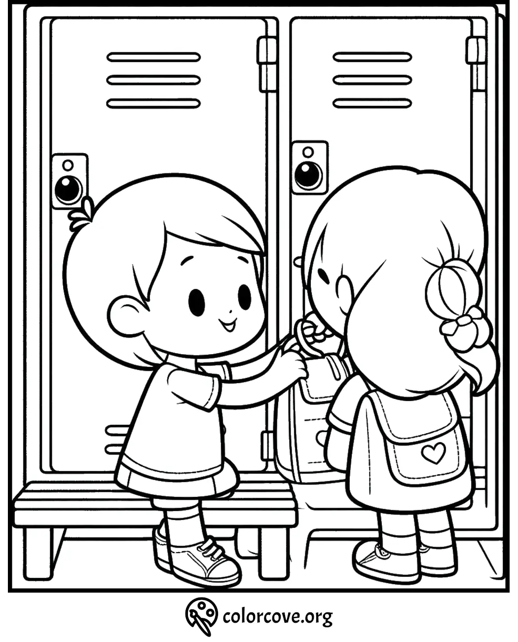 Children coloring page: two kids at school lockers with backpacks. Cute back-to-school illustration.