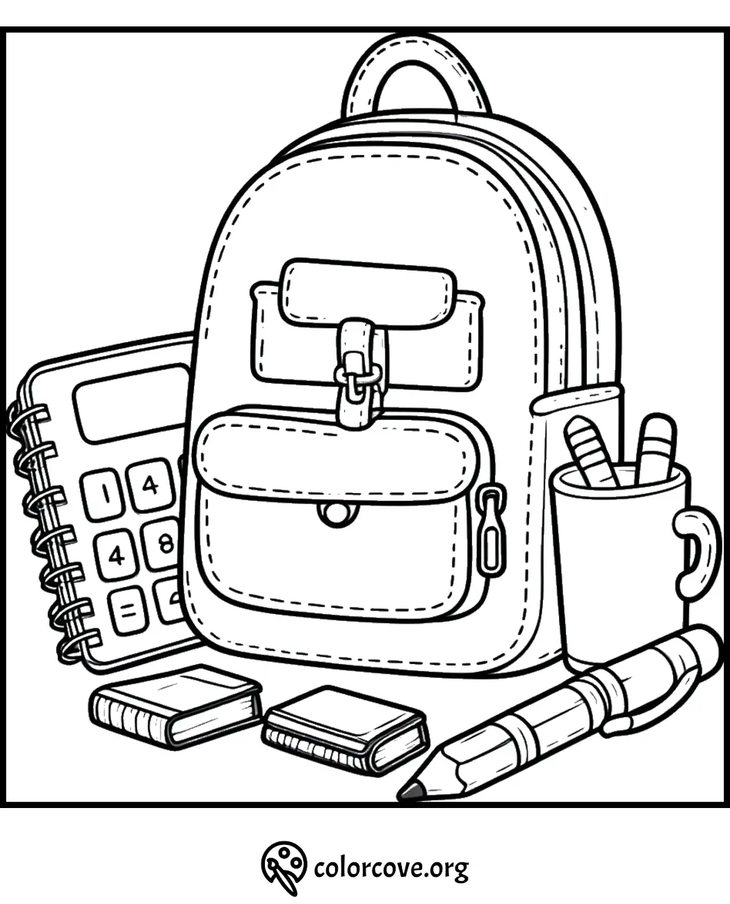 Back-to-school coloring page with a backpack, calculator, notebooks, pen, and cup for kids' activities.