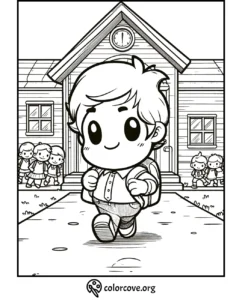 Child with backpack walking to school, coloring page for kids. Educational and fun activity illustration.