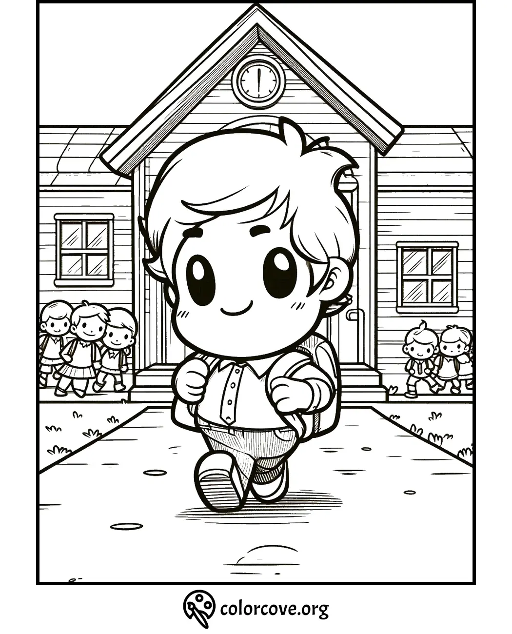 Child with backpack walking to school, coloring page for kids. Educational and fun activity illustration.