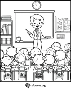Coloring page of a teacher in a classroom with students, bookshelves, and a blackboard. Fun and educational activity.