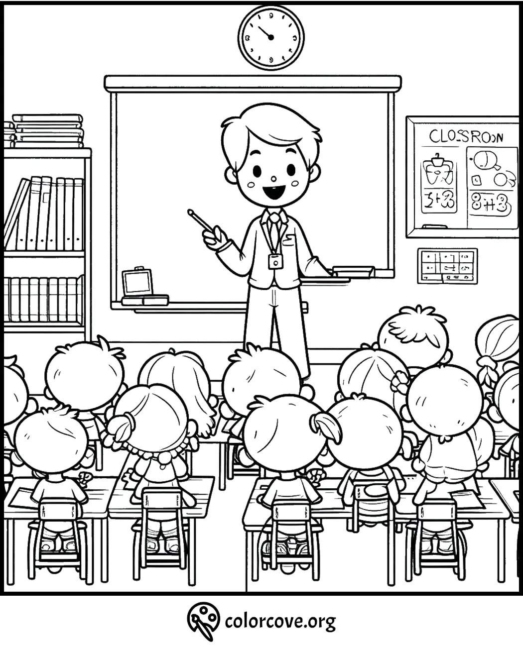 Coloring page of a teacher in a classroom with students, bookshelves, and a blackboard. Fun and educational activity.