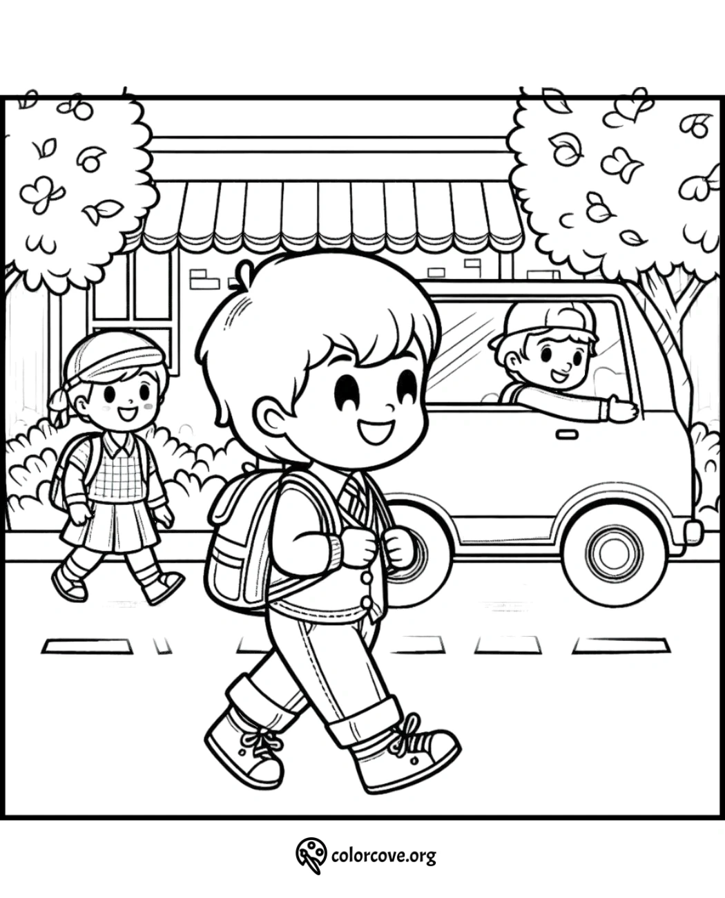 Children walking to school, carrying backpacks, with a car in the background on a coloring page.