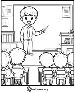Teacher in classroom coloring page with students sitting at desks, simple educational illustration, colorcove.org.