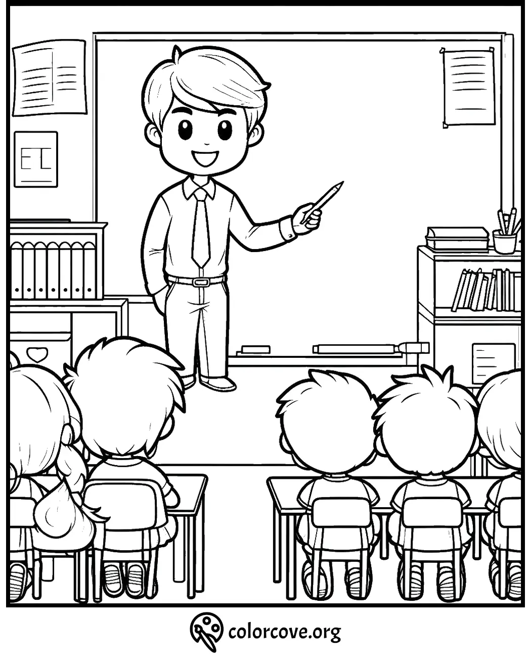 Teacher in classroom coloring page with students sitting at desks, simple educational illustration, colorcove.org.