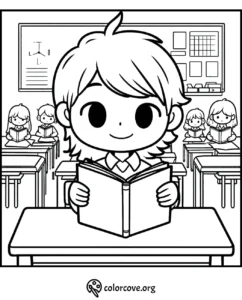 Child reading a book in a classroom coloring page with students and chalkboard in the background.