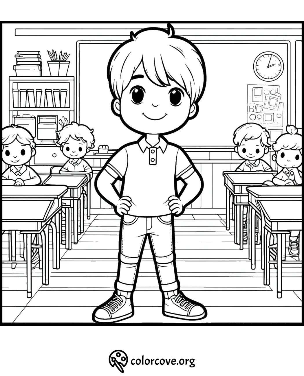 Coloring page of a smiling kid standing confidently in a classroom with classmates sitting at desks.