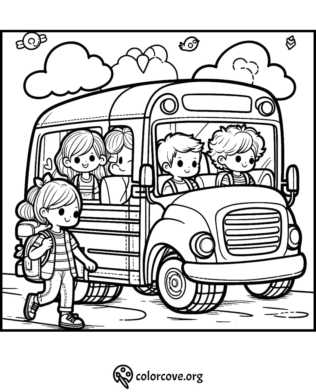 Children on a school bus coloring page with happy kids waving and walking.