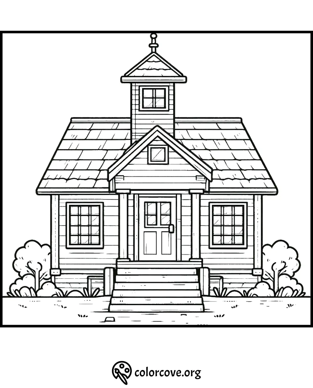 Cozy house coloring page with detailed porch and roof design for kids' art activities.