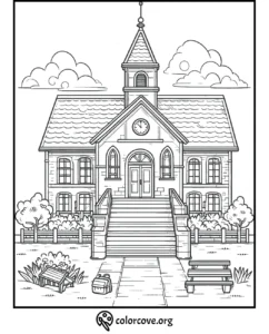 Church coloring page featuring a detailed building with stairs and clock tower. Perfect for kids and adults to color.