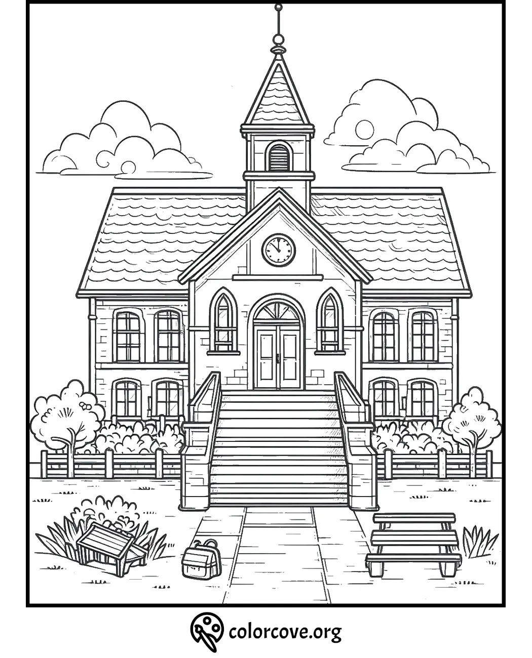 Church coloring page featuring a detailed building with stairs and clock tower. Perfect for kids and adults to color.